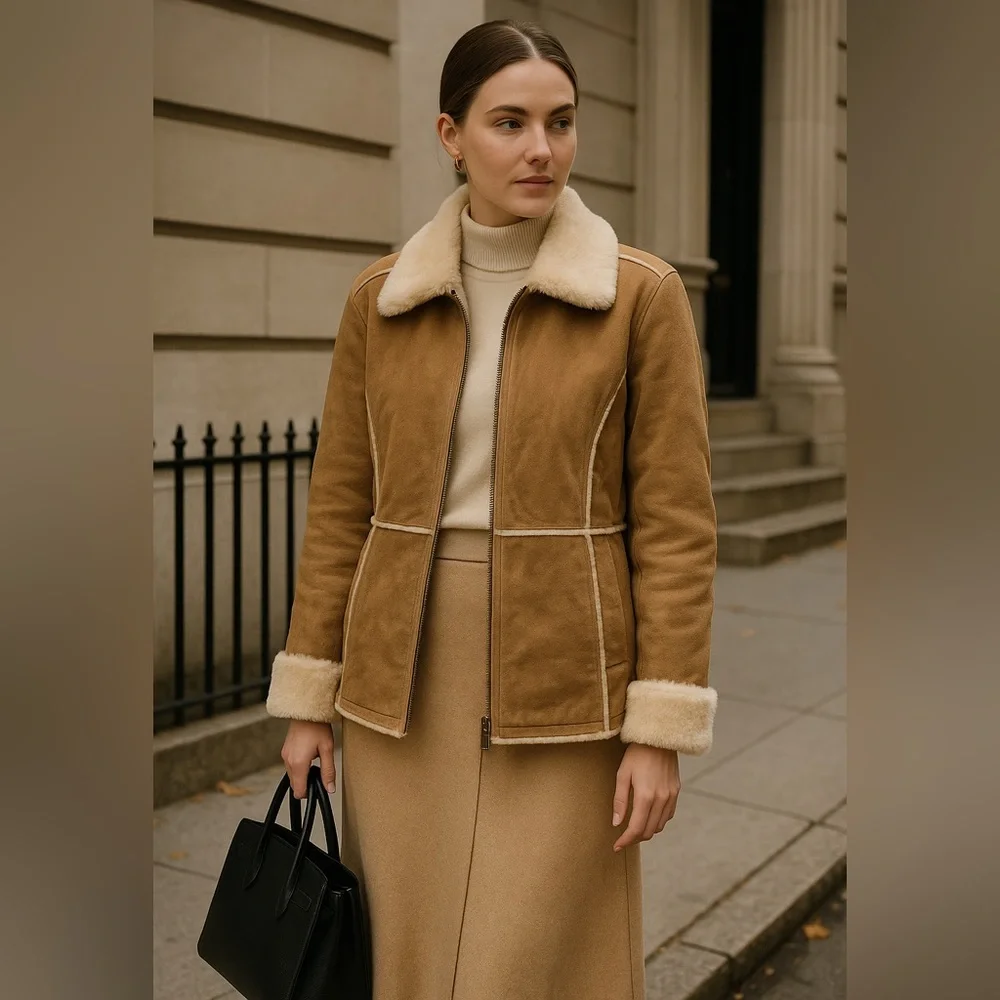 New York Classics Genuine Leather Shearling Jacket Coat Brown M - Picture 1 of 12
